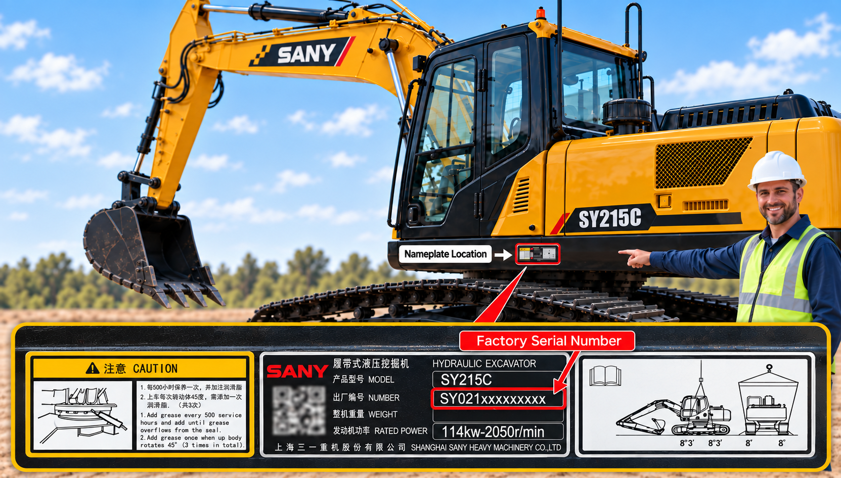 Technician checking an excavator identification area